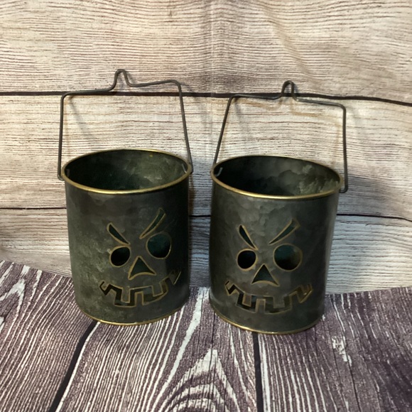 Set 2 Primitive Look Small Metal Buckets, Mean Pumpkin Faces, 4.5” Tall, Decor - Picture 5 of 5